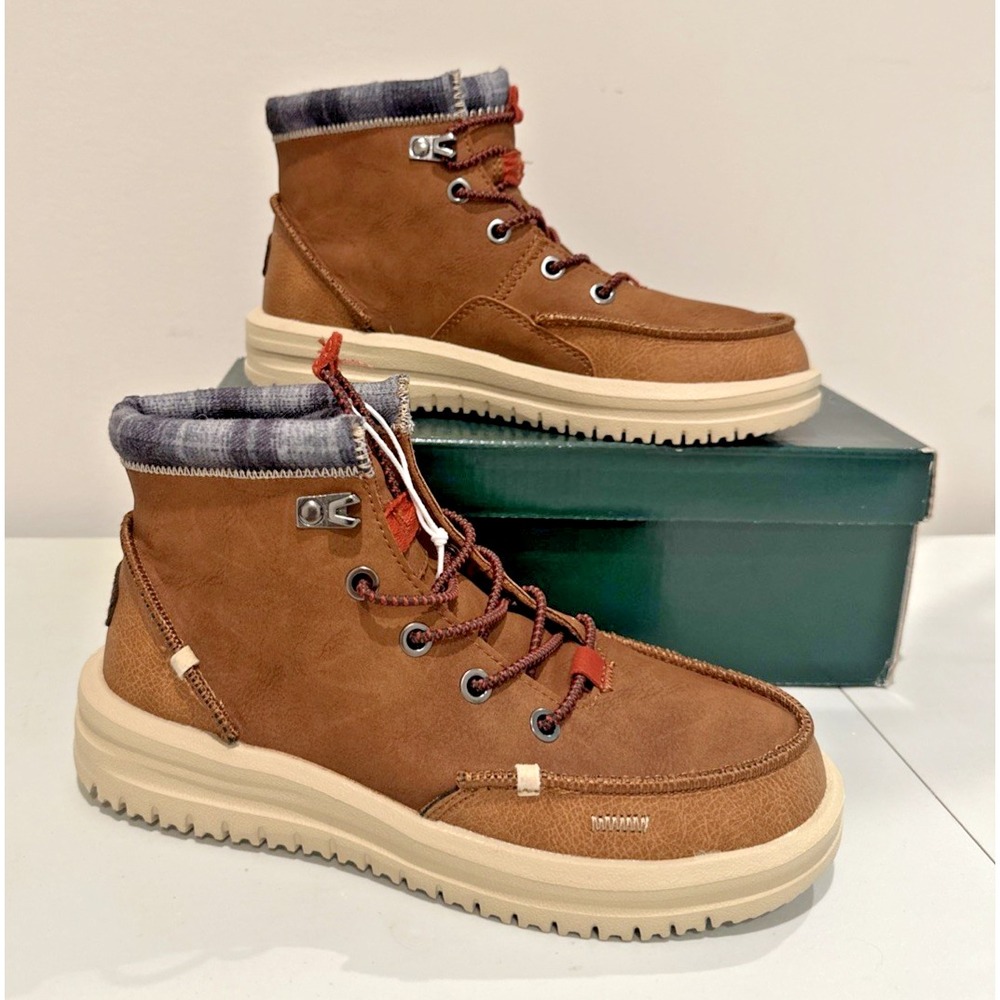 HEYDUDE Kids Size J3/W5 Bradley Classic High Top Boots Cognac Brown Lightweight